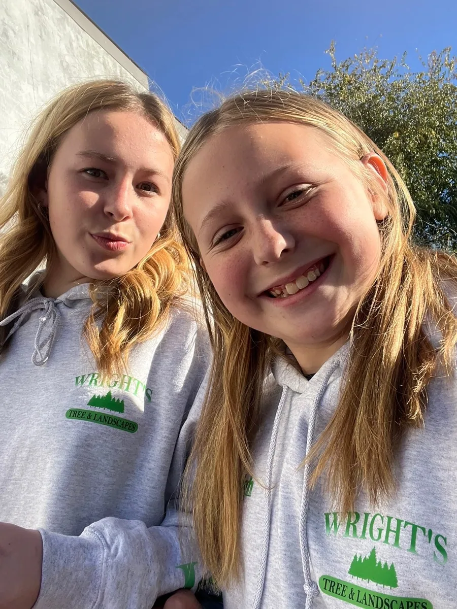 Lauryn and Kayleigh in Wright's Tree and Landscapes sweatshirts